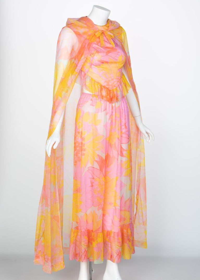 Pedro Rodriguez Floral Chiffon Beach Pajamas & Chiffon Cape, 1960s