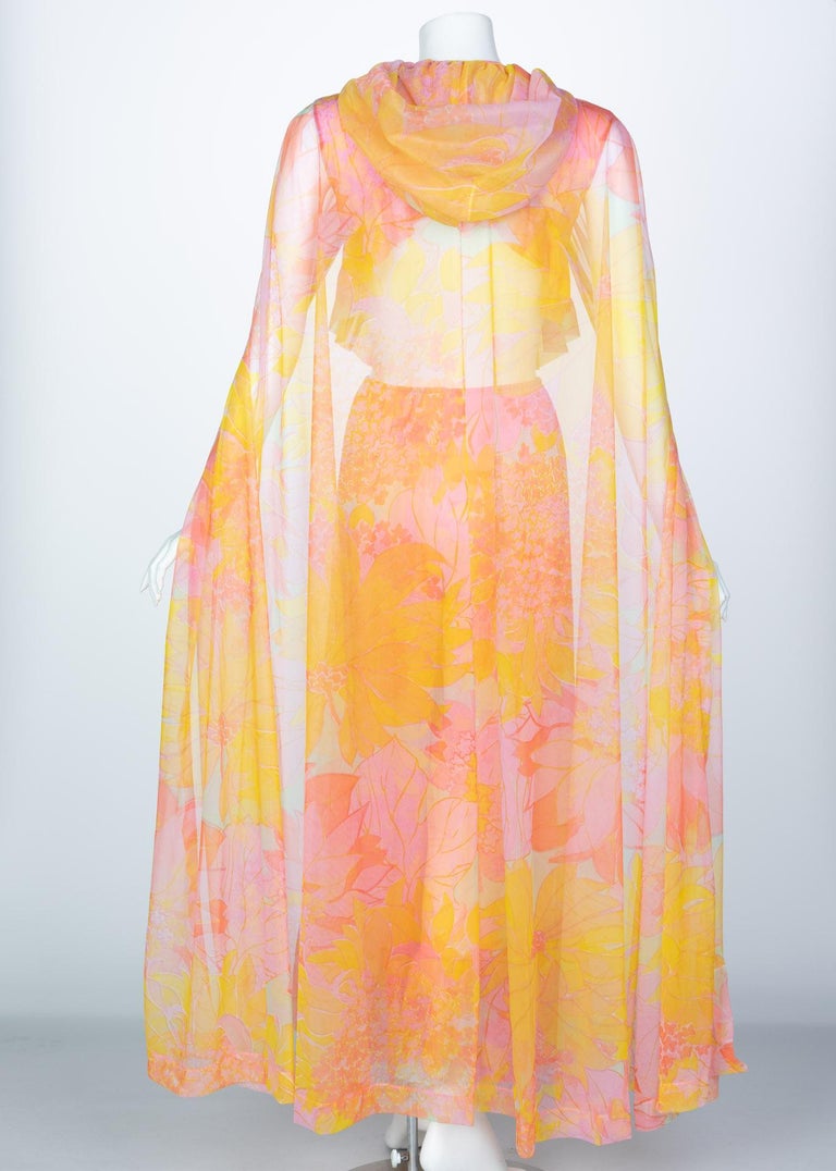 Pedro Rodriguez Floral Chiffon Beach Pajamas & Chiffon Cape, 1960s