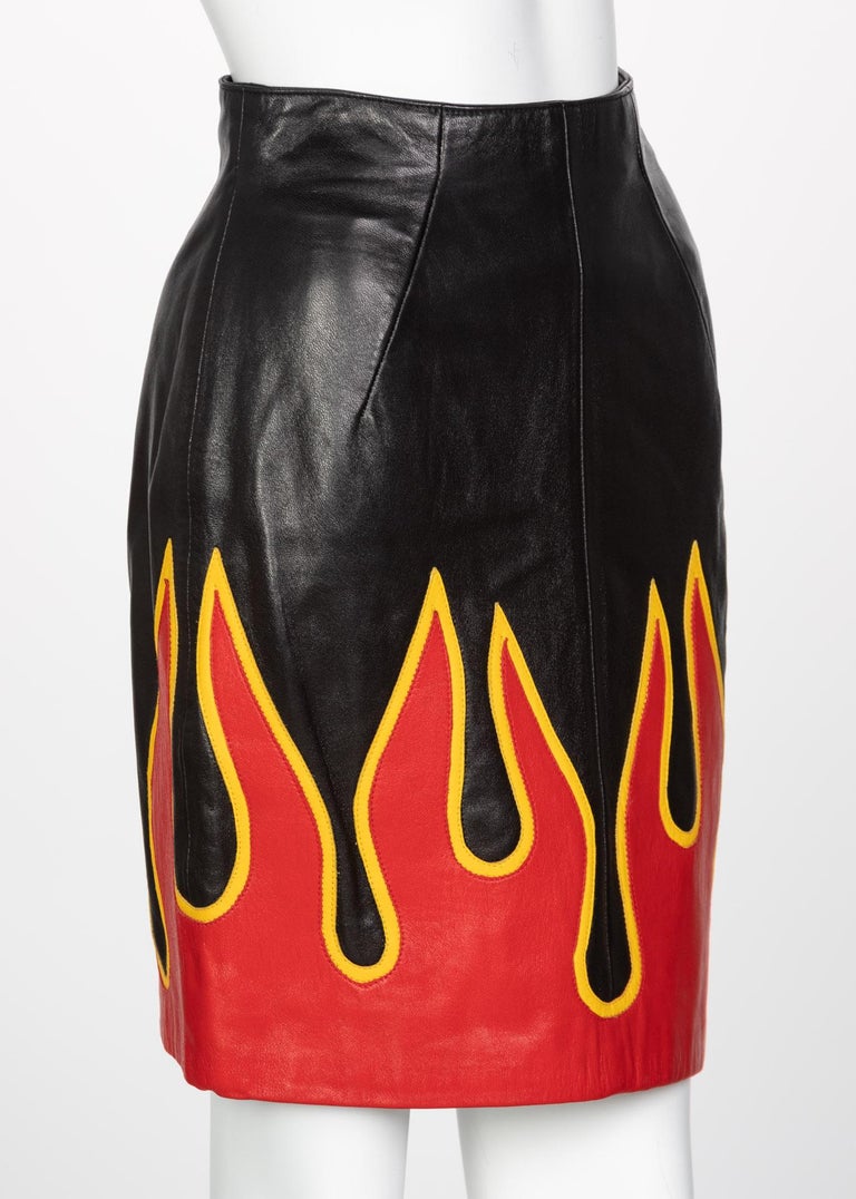 Michael Hoban North Beach Leather Black Red Flames Jacket Skirt Set, 1990s