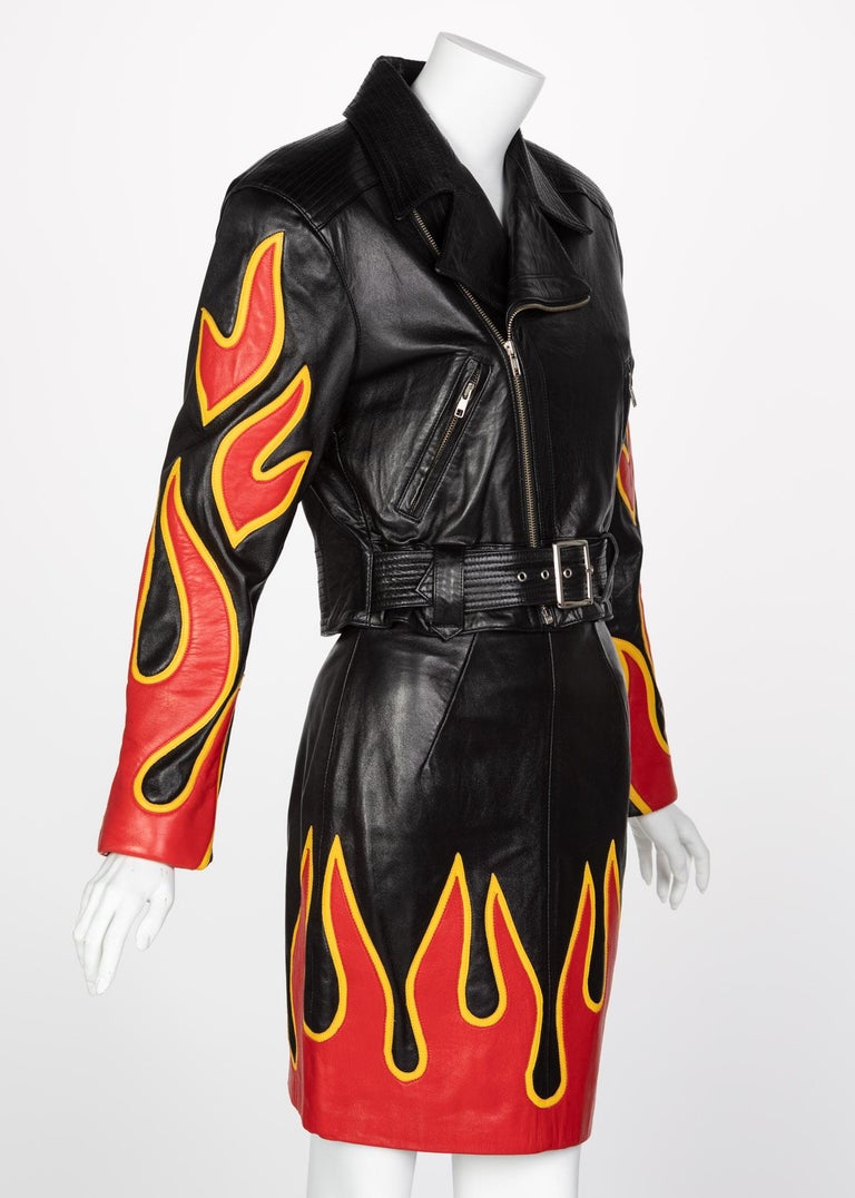 Michael Hoban North Beach Leather Black Red Flames Jacket Skirt Set, 1990s