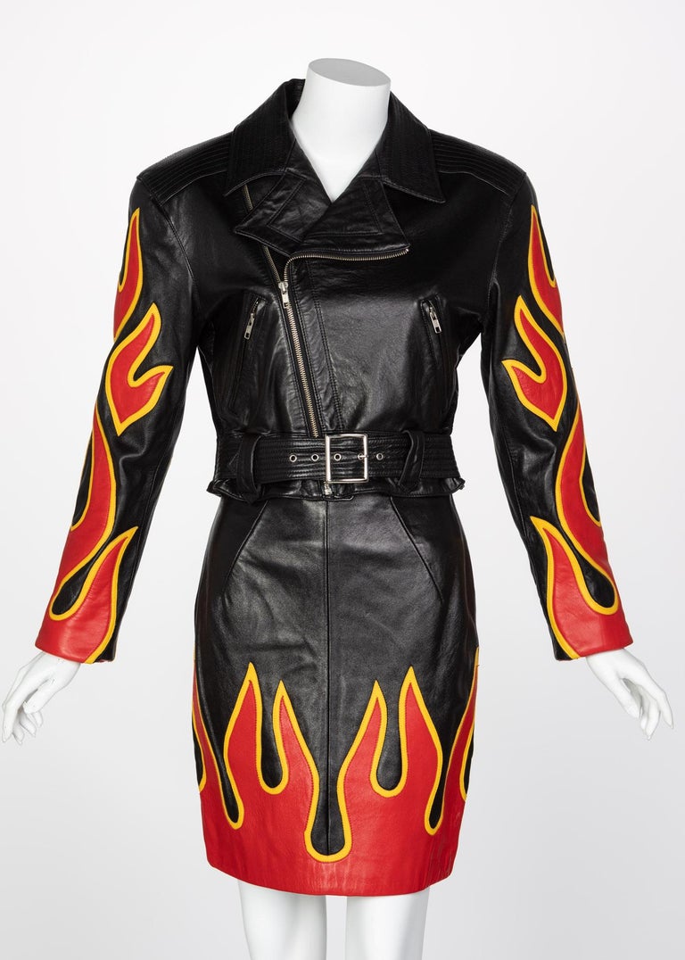 Michael Hoban North Beach Leather Black Red Flames Jacket Skirt Set, 1990s Michael Hoban North Beach Leather Black Red Flames Jacket Skirt Set, 1990s
