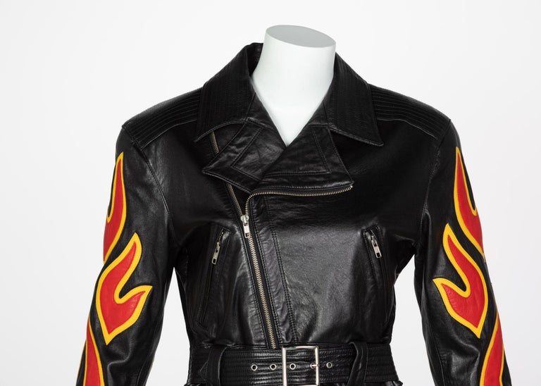 Michael Hoban North Beach Leather Black Red Flames Jacket Skirt Set, 1990s
