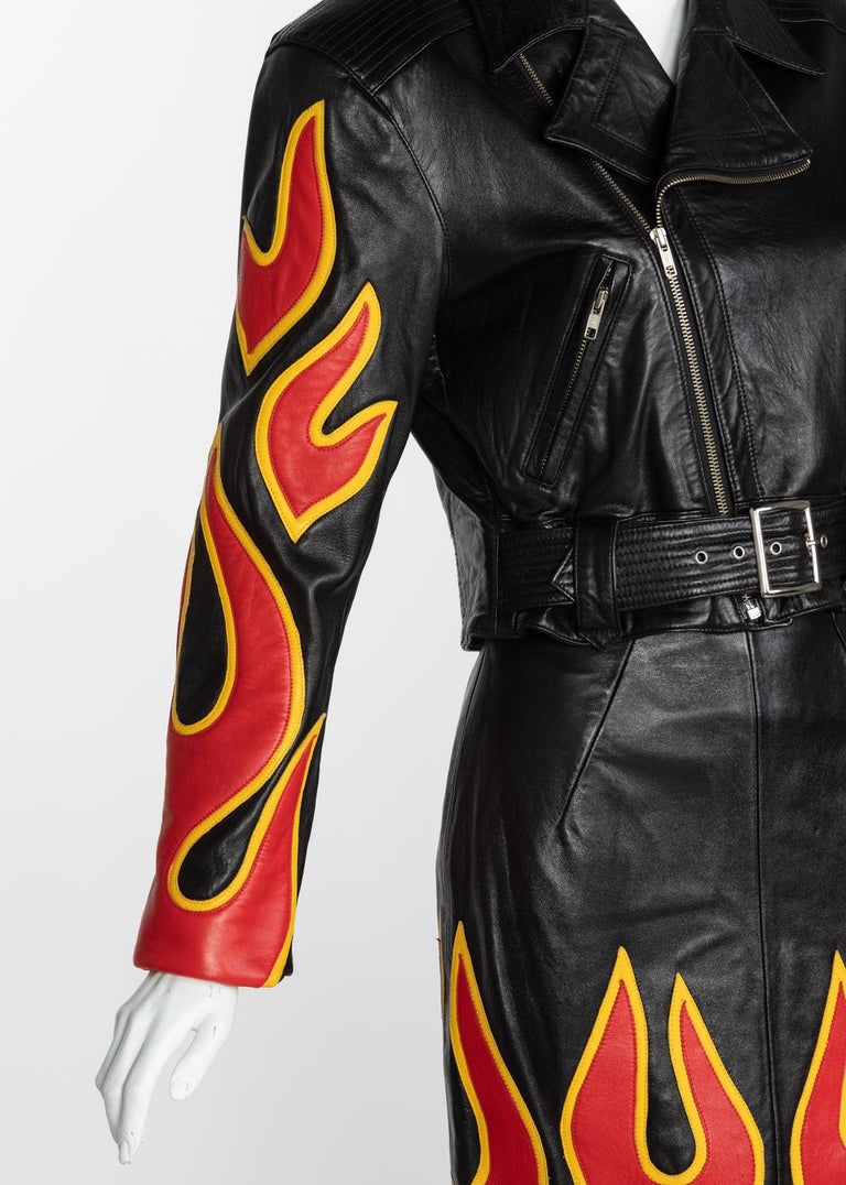 Michael Hoban North Beach Leather Black Red Flames Jacket Skirt Set, 1990s