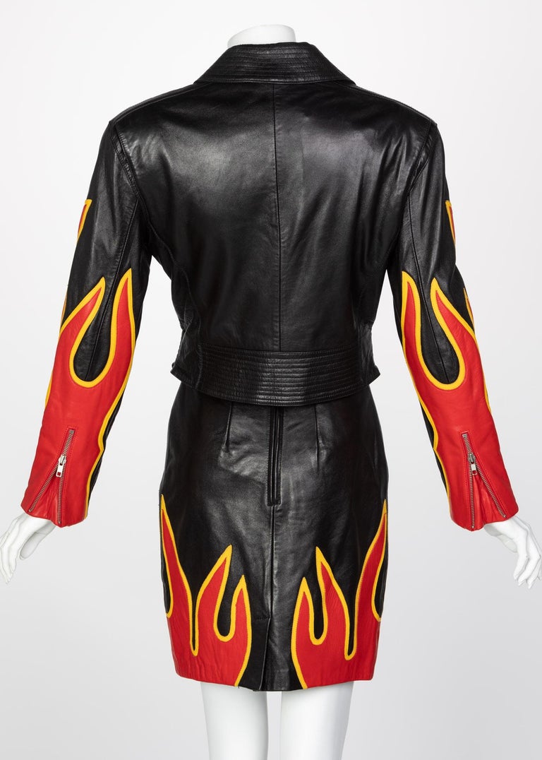 Michael Hoban North Beach Leather Black Red Flames Jacket Skirt Set, 1990s