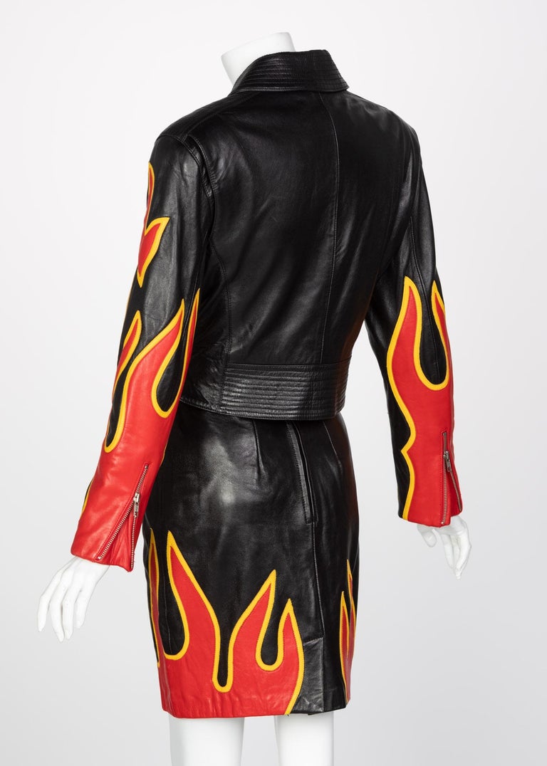 Michael Hoban North Beach Leather Black Red Flames Jacket Skirt Set, 1990s