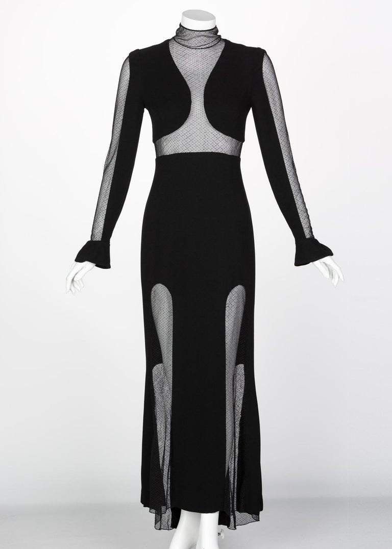 Vintage Karl Lagerfeld Black Mock Neck Sheer Panel Net Evening Dress, 1980s