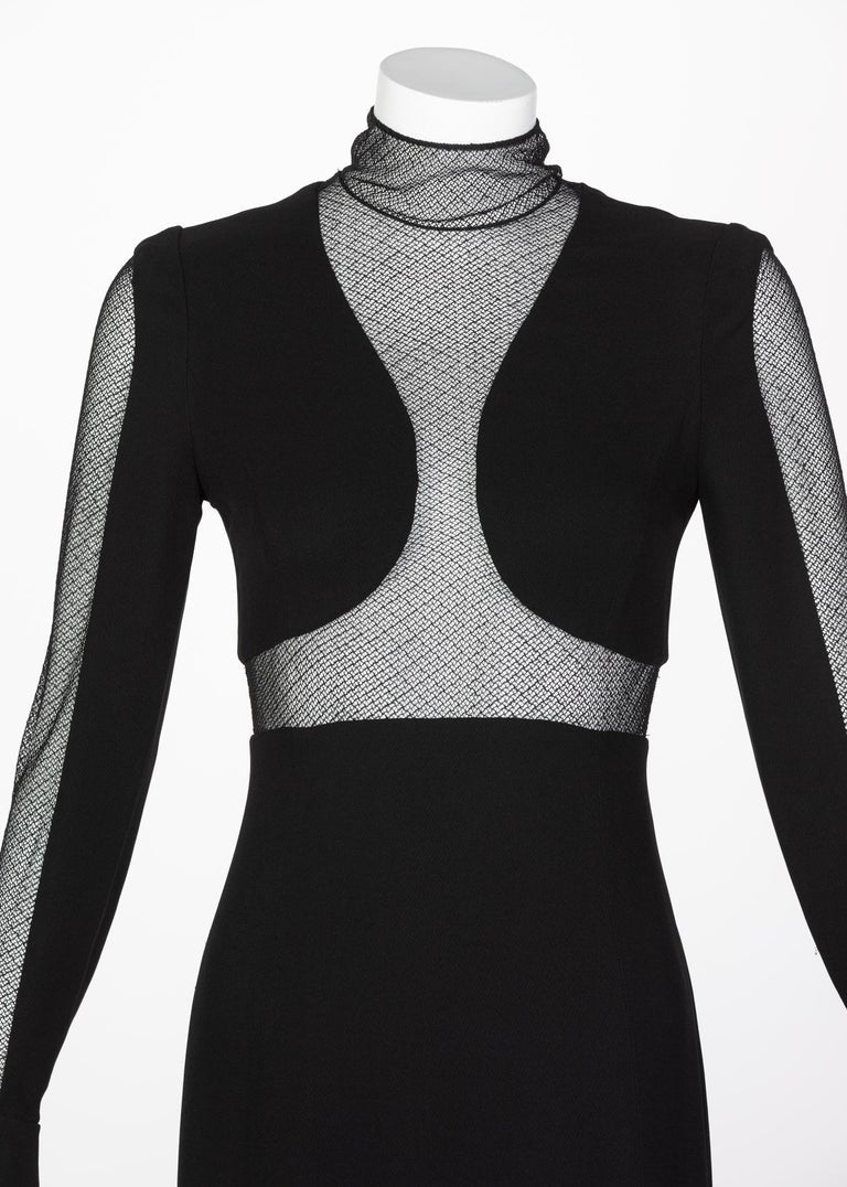 Vintage Karl Lagerfeld Black Mock Neck Sheer Panel Net Evening Dress, 1980s