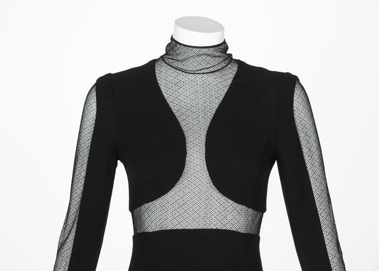 Vintage Karl Lagerfeld Black Mock Neck Sheer Panel Net Evening Dress, 1980s