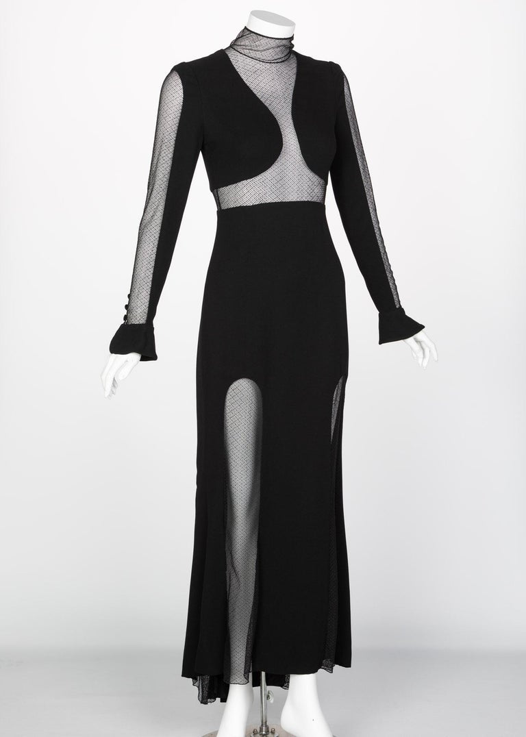 Vintage Karl Lagerfeld Black Mock Neck Sheer Panel Net Evening Dress, 1980s