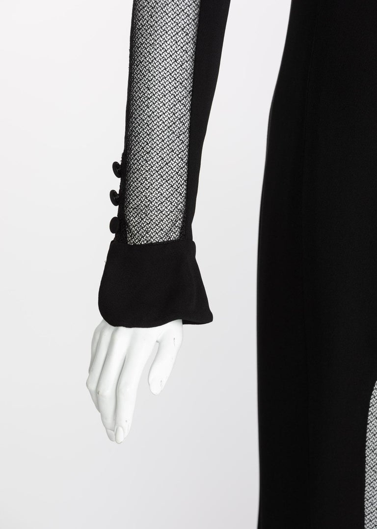 Vintage Karl Lagerfeld Black Mock Neck Sheer Panel Net Evening Dress, 1980s