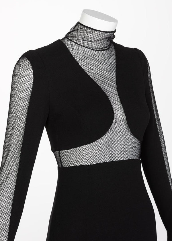 Vintage Karl Lagerfeld Black Mock Neck Sheer Panel Net Evening Dress, 1980s