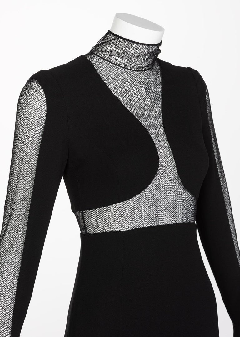 Vintage Karl Lagerfeld Black Mock Neck Sheer Panel Net Evening Dress, 1980s