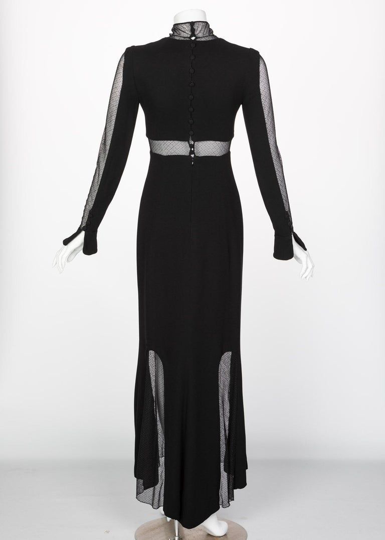 Vintage Karl Lagerfeld Black Mock Neck Sheer Panel Net Evening Dress, 1980s