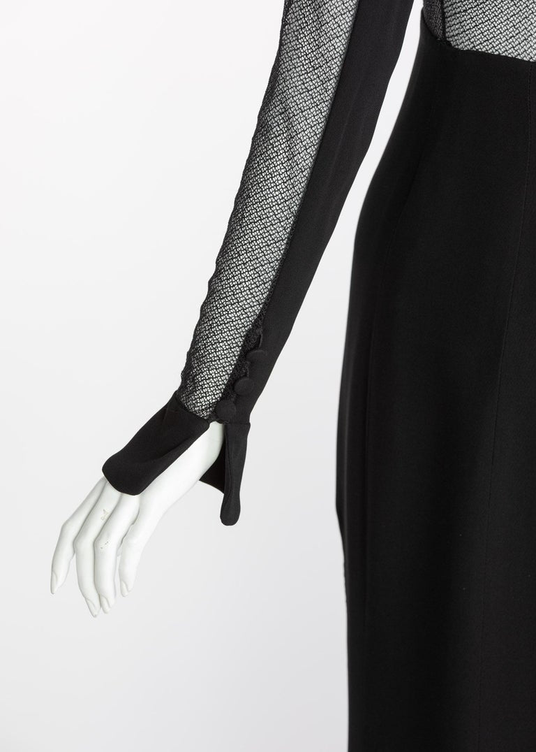 Vintage Karl Lagerfeld Black Mock Neck Sheer Panel Net Evening Dress, 1980s