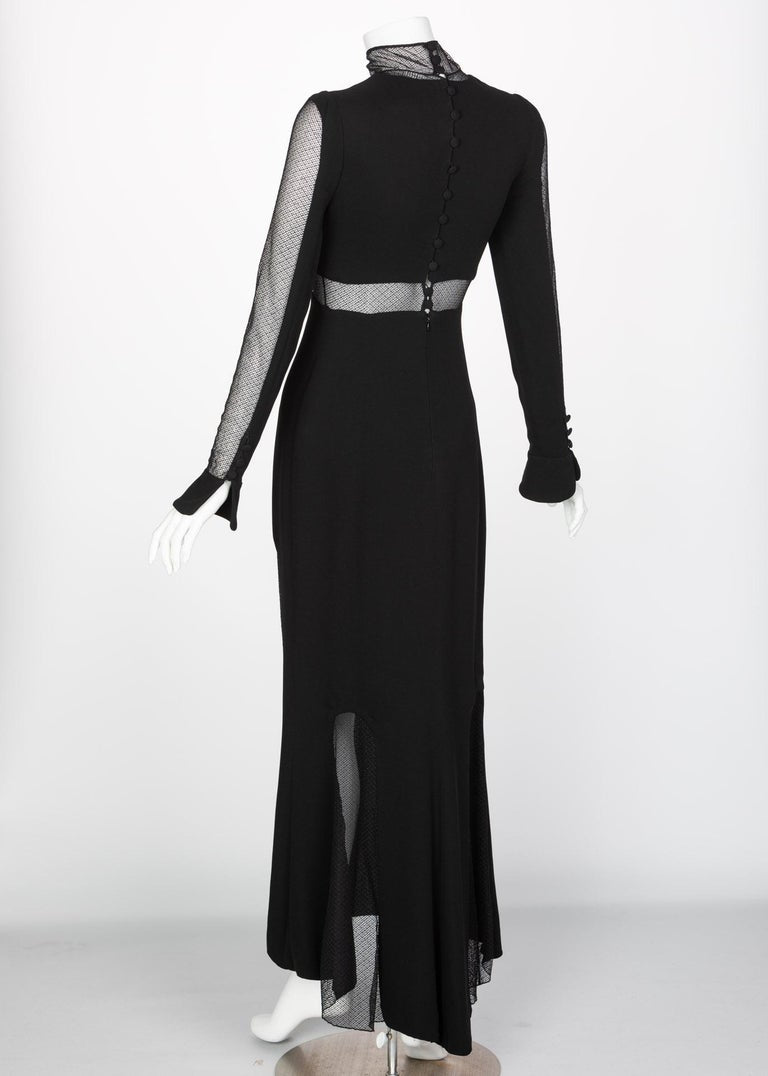 Vintage Karl Lagerfeld Black Mock Neck Sheer Panel Net Evening Dress, 1980s