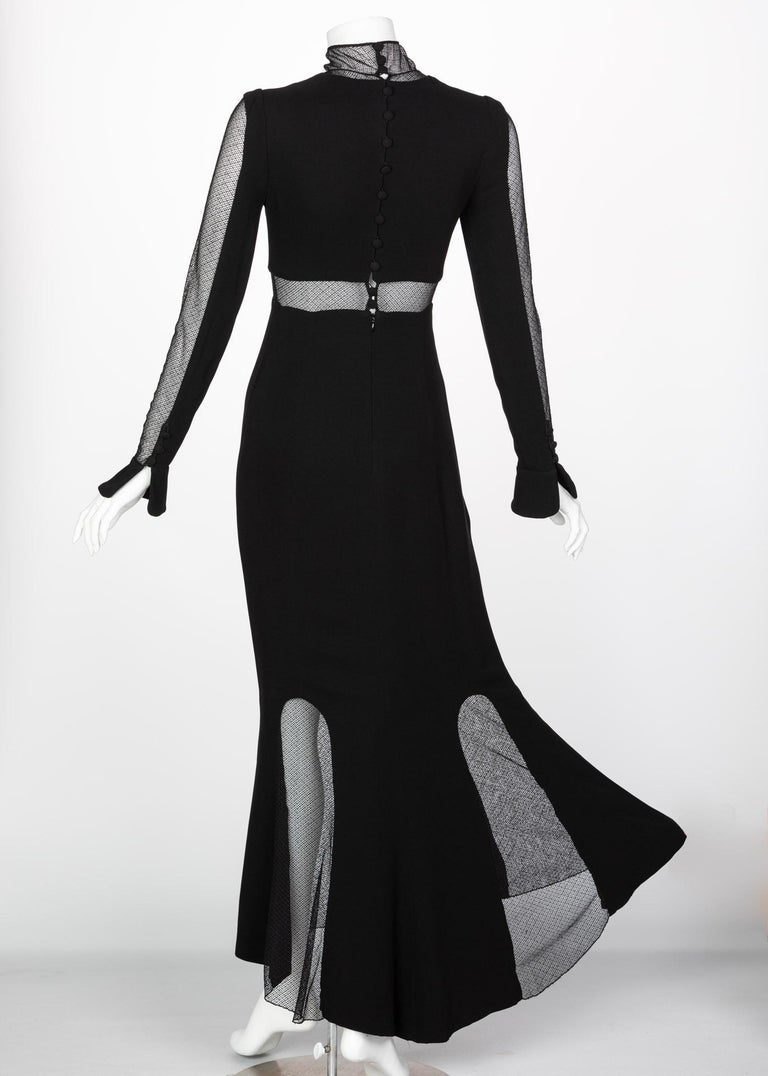 Vintage Karl Lagerfeld Black Mock Neck Sheer Panel Net Evening Dress, 1980s