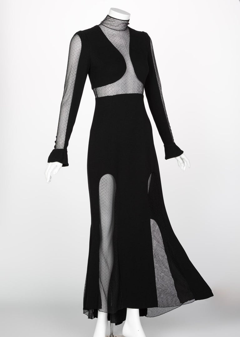 Vintage Karl Lagerfeld Black Mock Neck Sheer Panel Net Evening Dress, 1980s