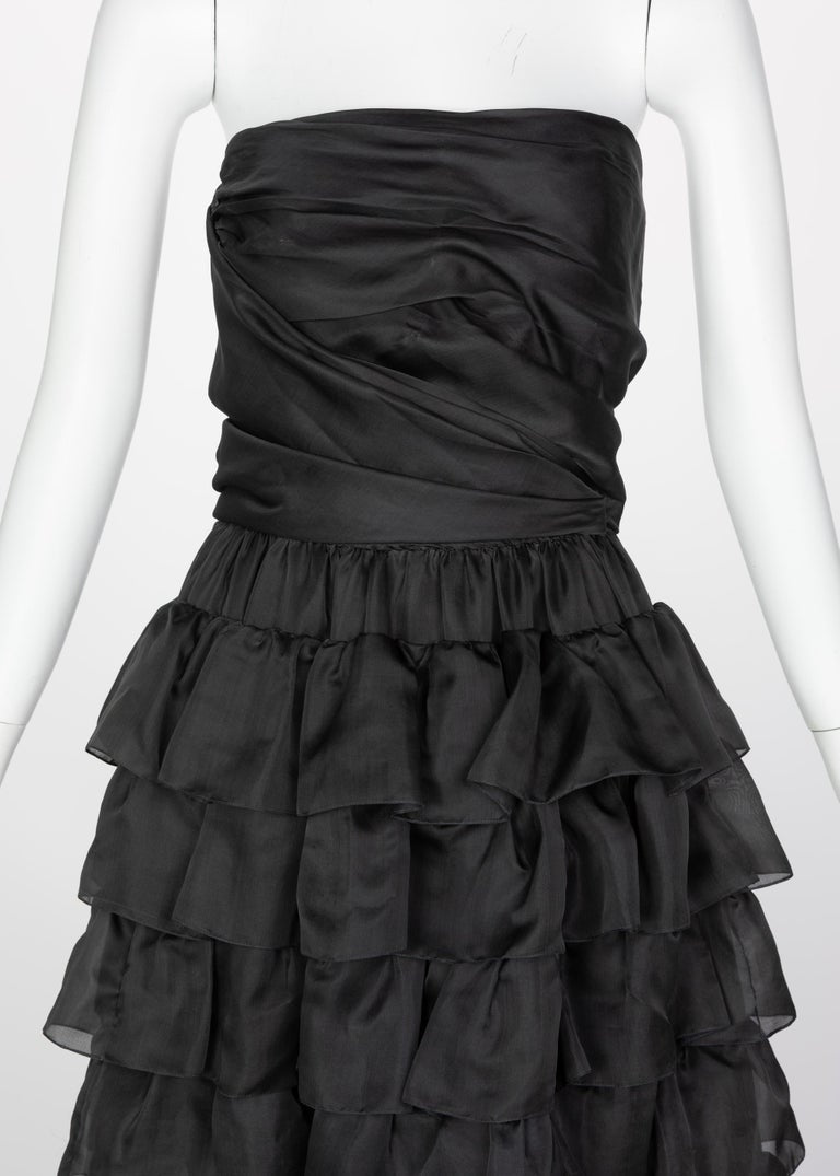 Vintage Givenchy Numbered Haute Couture Black Strapless Ruffled Gown, 1970s