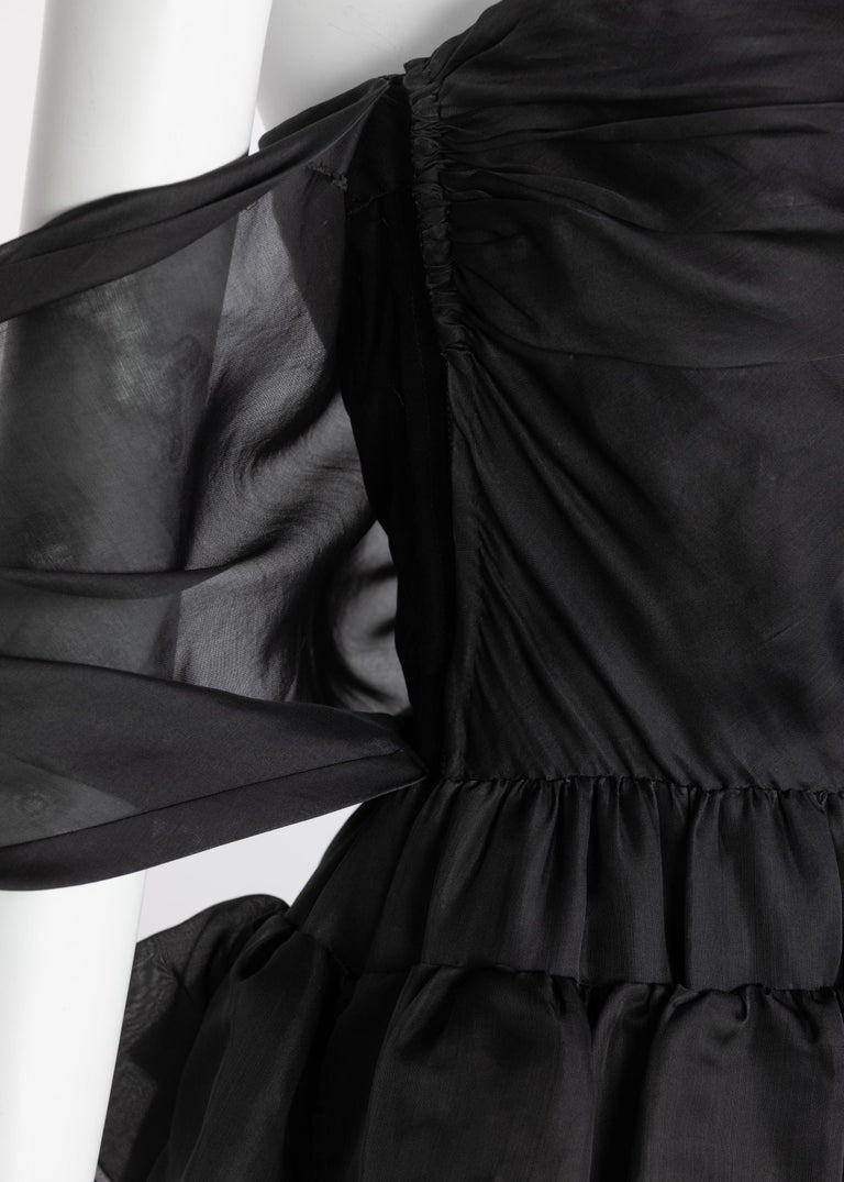 Vintage Givenchy Numbered Haute Couture Black Strapless Ruffled Gown, 1970s