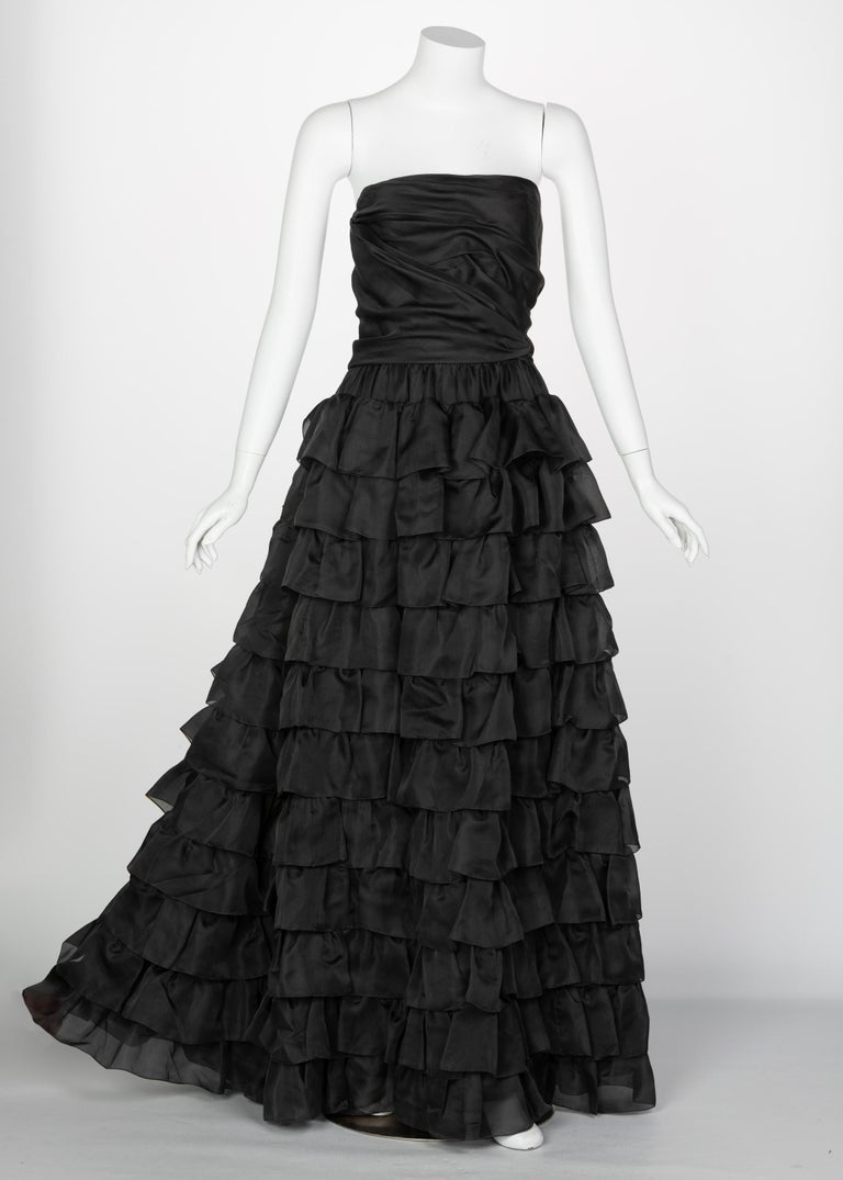 Vintage Givenchy Numbered Haute Couture Black Strapless Ruffled Gown, 1970s