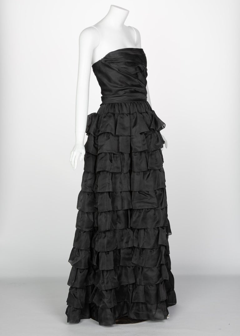 Vintage Givenchy Numbered Haute Couture Black Strapless Ruffled Gown, 1970s