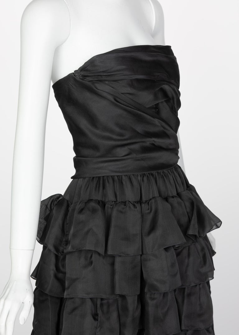 Vintage Givenchy Numbered Haute Couture Black Strapless Ruffled Gown, 1970s