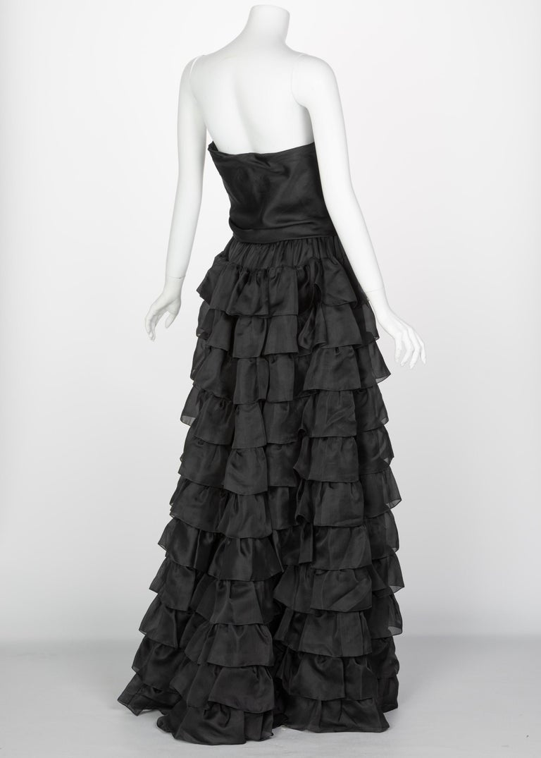 Vintage Givenchy Numbered Haute Couture Black Strapless Ruffled Gown, 1970s