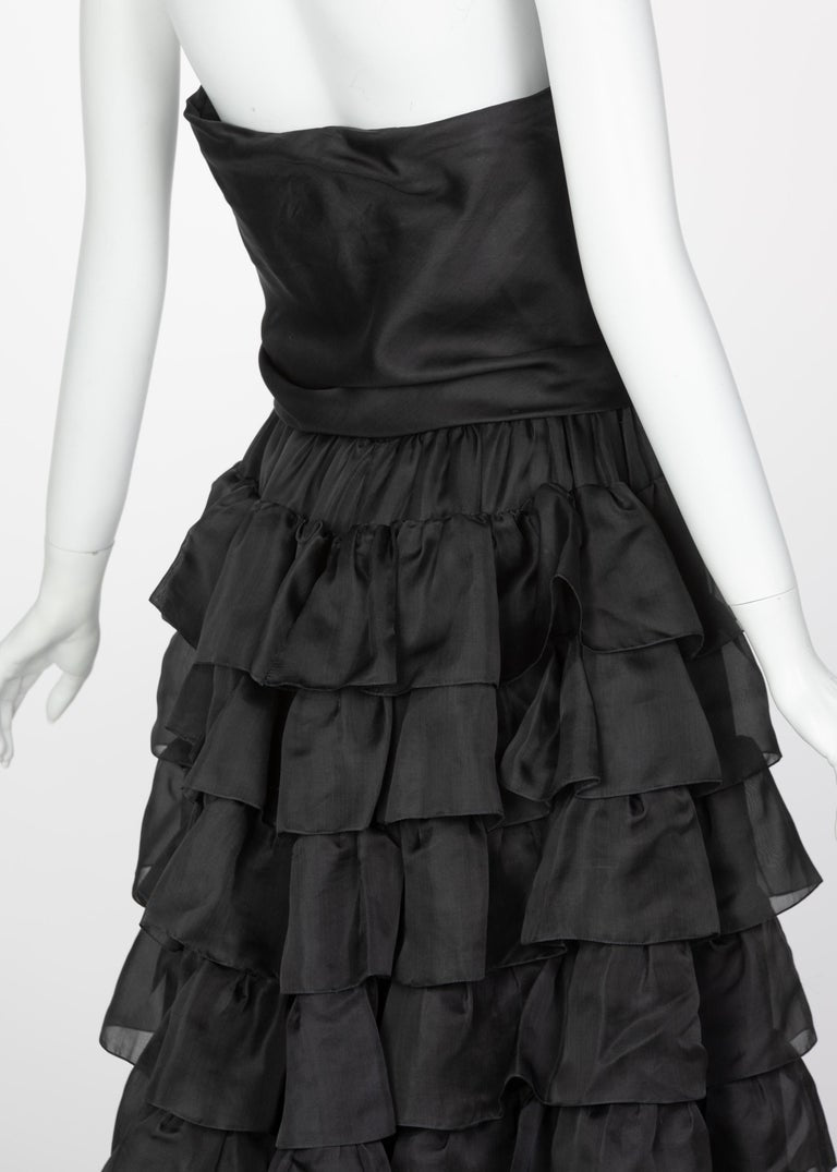 Vintage Givenchy Numbered Haute Couture Black Strapless Ruffled Gown, 1970s