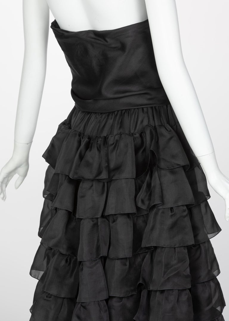 Vintage Givenchy Numbered Haute Couture Black Strapless Ruffled Gown, 1970s