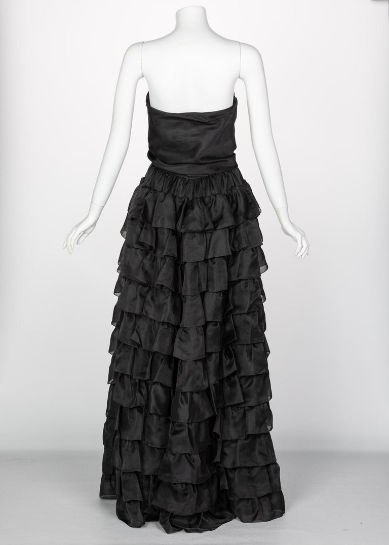 Vintage Givenchy Numbered Haute Couture Black Strapless Ruffled Gown, 1970s