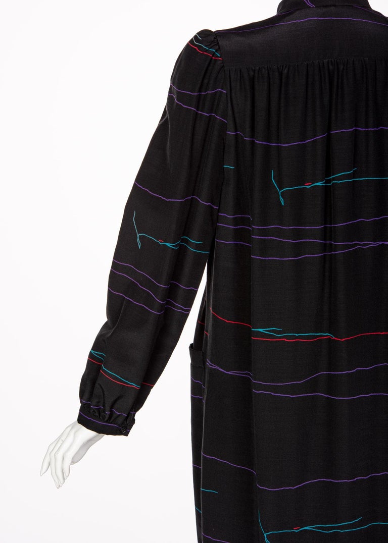 Vintage Halston Black Abstract Striped Shirt Dress Coat
