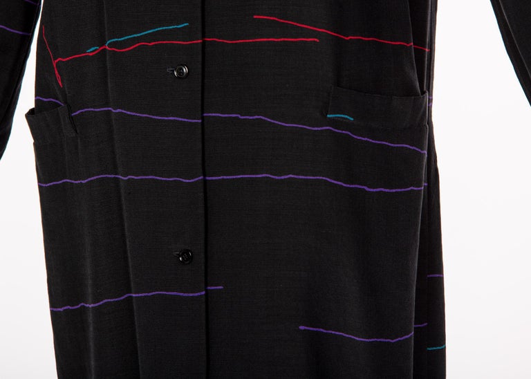 Vintage Halston Black Abstract Striped Shirt Dress Coat