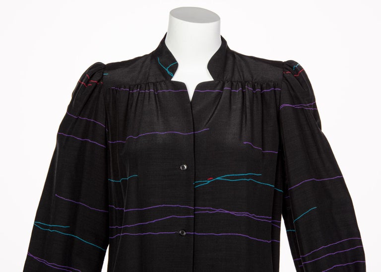 Vintage Halston Black Abstract Striped Shirt Dress Coat