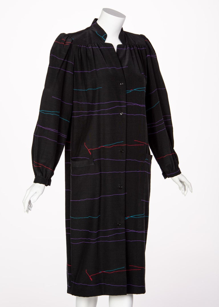 Vintage Halston Black Abstract Striped Shirt Dress Coat