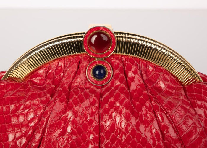 Vintage Judith Leiber Red Snake Skin Clutch Bag Basha Gold