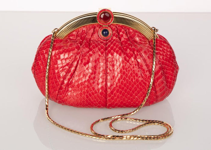 Vintage Judith Leiber Red Snake Skin Clutch Bag Basha Gold