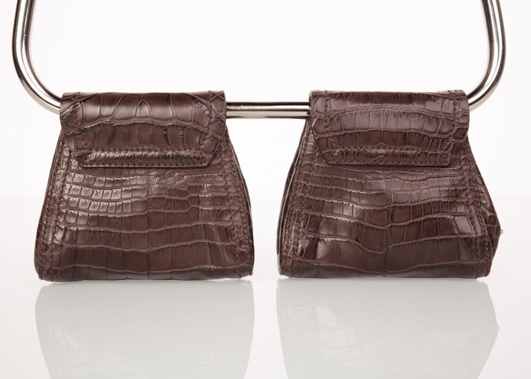 Prada Brown Alligator Embossed Silver Hoop Bag, 2000