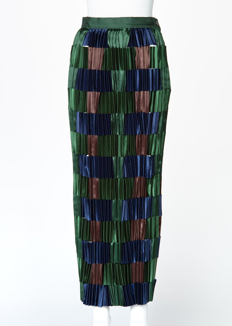 Issey Miyake Green Blue Pleated Satin Ribbon Skirt, 1990s