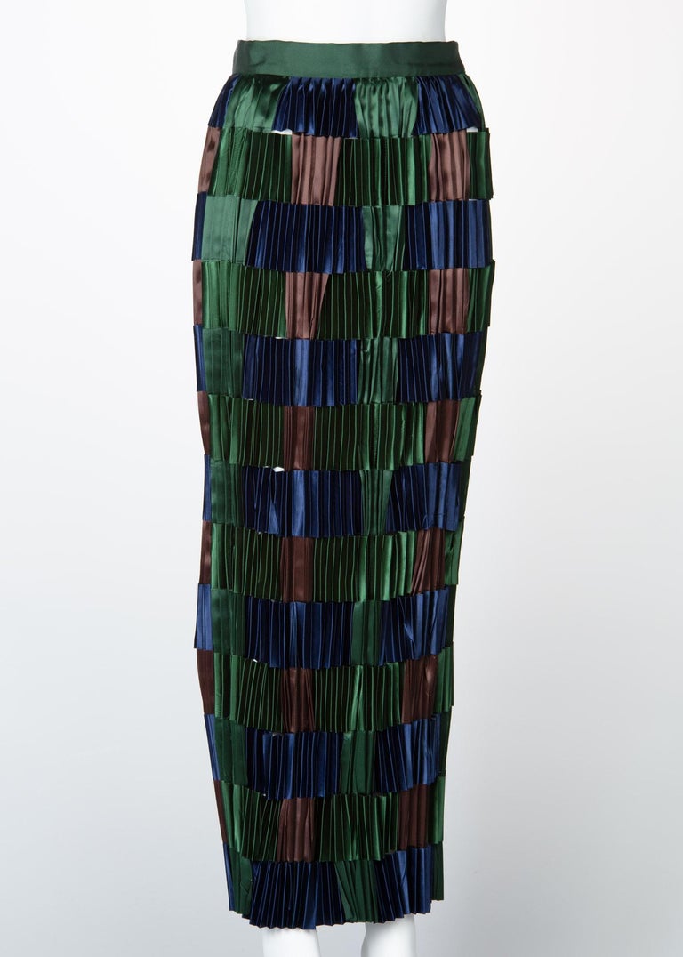 Issey Miyake Green Blue Pleated Satin Ribbon Skirt, 1990s