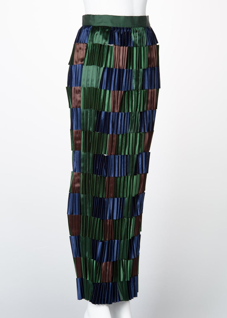 Issey Miyake Green Blue Pleated Satin Ribbon Skirt, 1990s