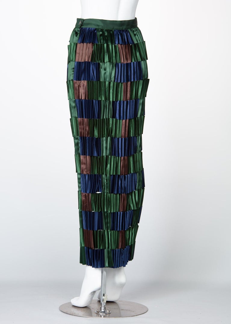 Issey Miyake Green Blue Pleated Satin Ribbon Skirt, 1990s