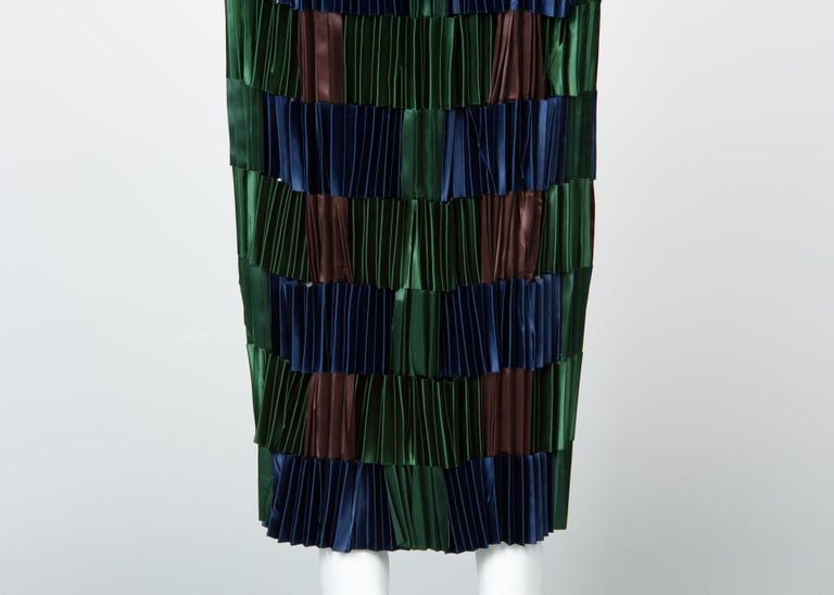 Issey Miyake Green Blue Pleated Satin Ribbon Skirt, 1990s
