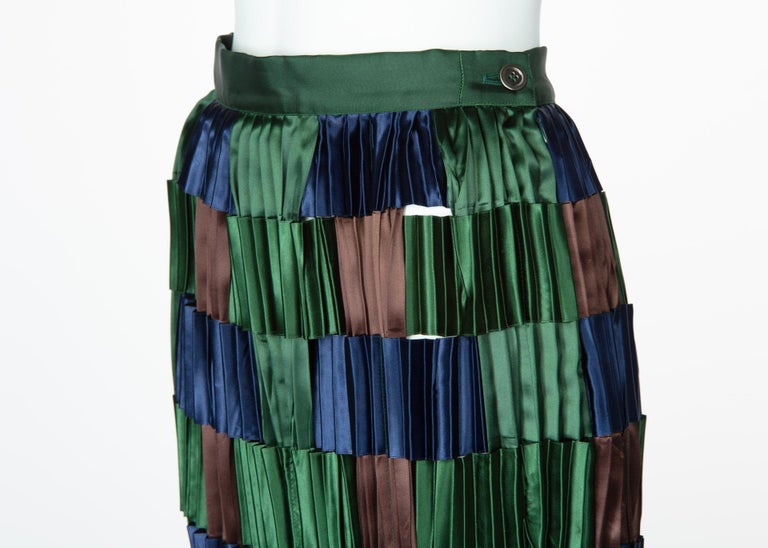 Issey Miyake Green Blue Pleated Satin Ribbon Skirt, 1990s