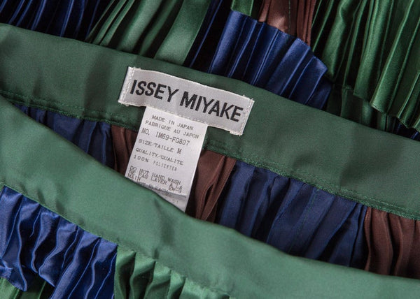 Issey Miyake Green Blue Pleated Satin Ribbon Skirt, 1990s