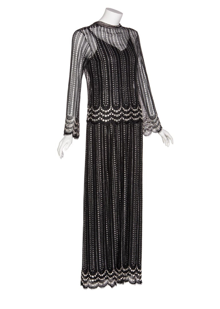 Christian Dior Attributed Black and Silver Lace Crystals Maxi Dress, 1970s