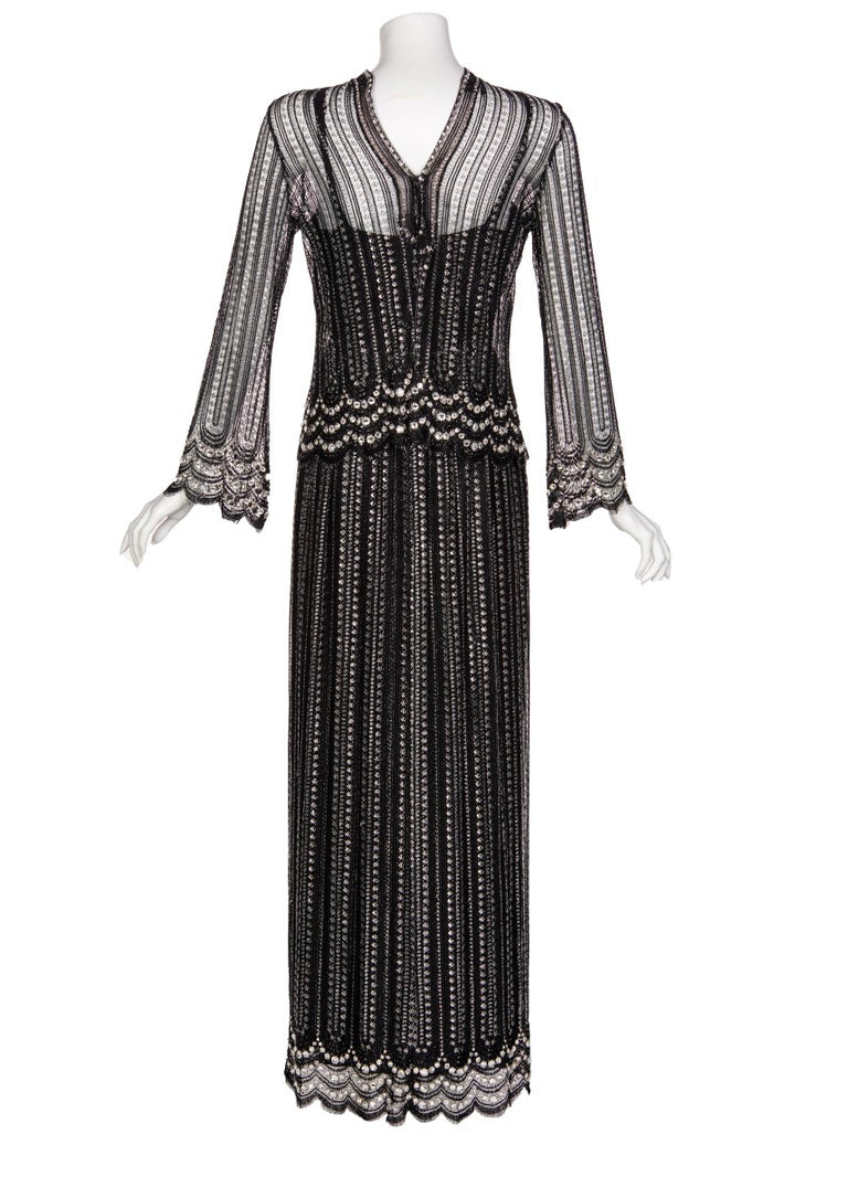 Christian Dior Attributed Black and Silver Lace Crystals Maxi Dress, 1970s