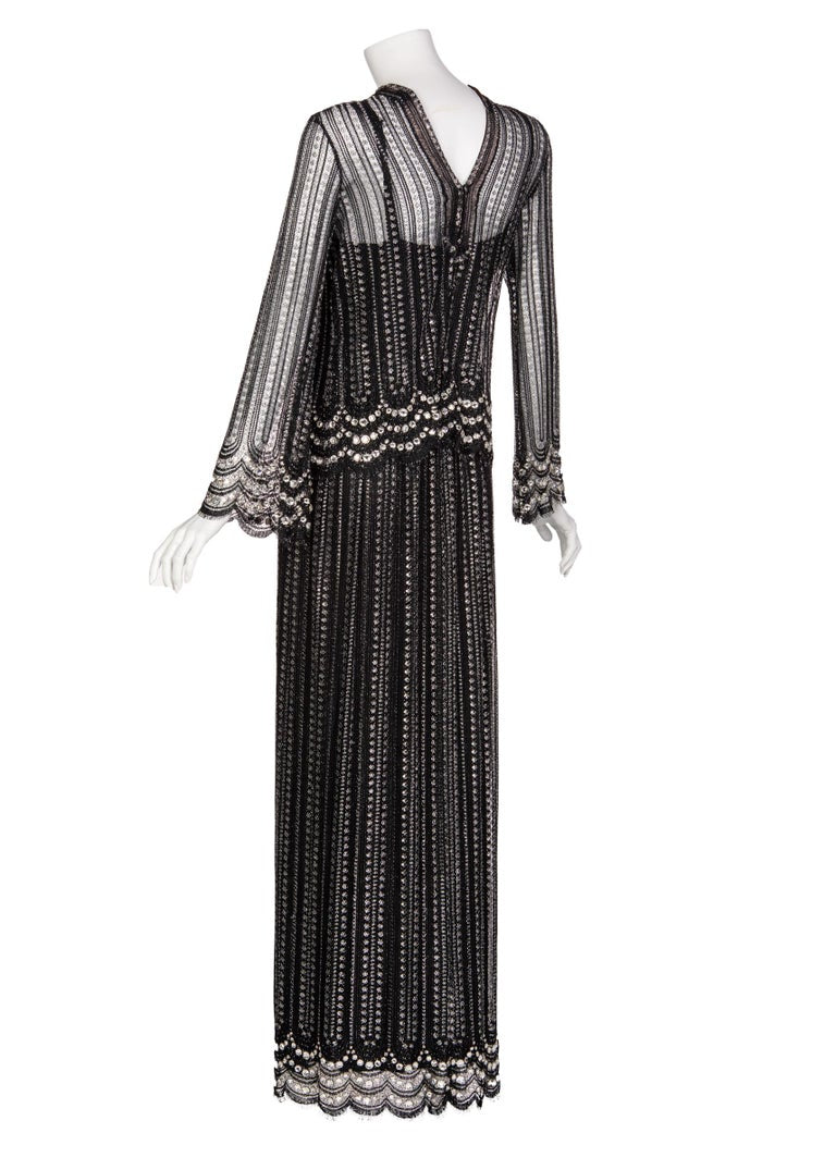 Christian Dior Attributed Black and Silver Lace Crystals Maxi Dress, 1970s