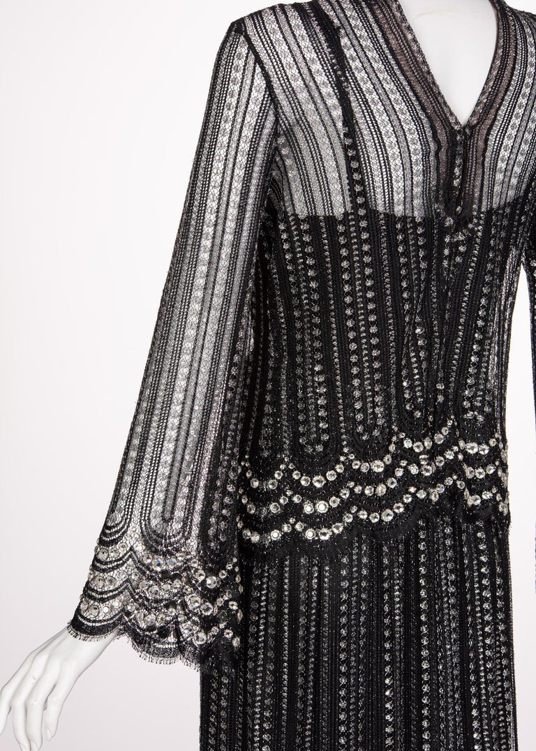 Christian Dior Attributed Black and Silver Lace Crystals Maxi Dress, 1970s