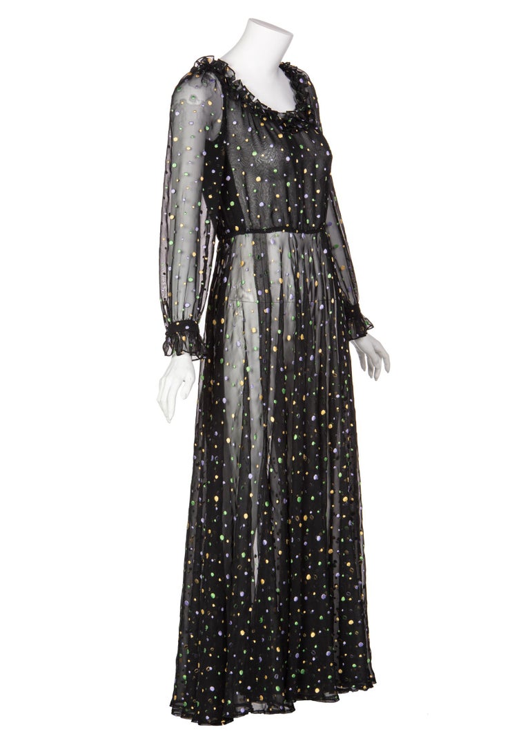 Basha Gold Louis Feraud Vintage Sheer Embroidered Dot Dress, 1970s
