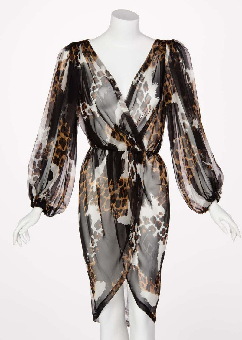 1990s Yves Saint Laurent Sheer Silk Leopard Animal Print Dress Jacket YSL